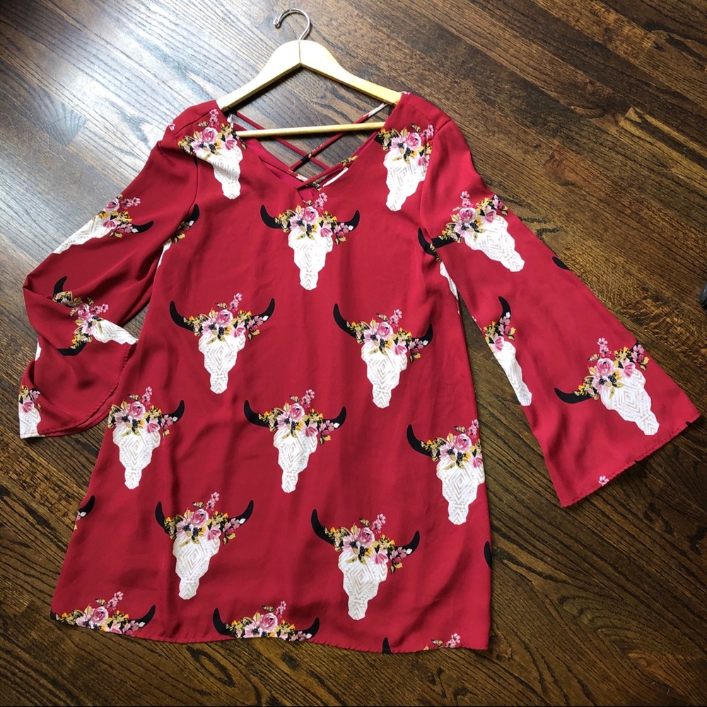 Altar’d State Dark Red Bull Head Shift Dress Sz S